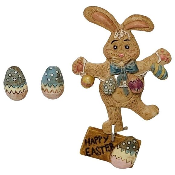 VTG Easter Bunny Brooch And Earrings set 3.5" Hand Painted Easter Egg Whimsical - Picture 2 of 16